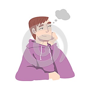 Young Man in Hoody Dreaming and Fantasizing Imagining Something in His Head Vector Illustration