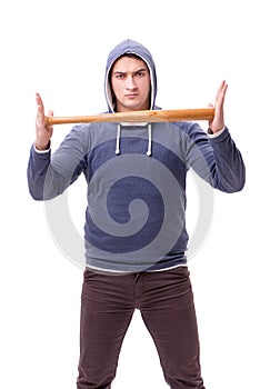 The young man hooligan with baseball bat isolated on white