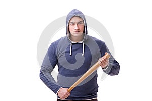 The young man hooligan with baseball bat isolated on white