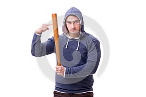 The young man hooligan with baseball bat isolated on white