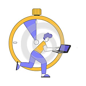 Young Man at Huge Clock with Laptop Multitasking Accomplishing Task Having Deadline Vector Illustration photo
