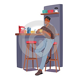 Young Man Immersed In His Daily Routine, Savors A Home-cooked Meal, Enjoys Familiar Flavors, Vector Illustration photo