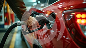 A young man inserts a gas nozzle into the gas tank of his red car at a gas station