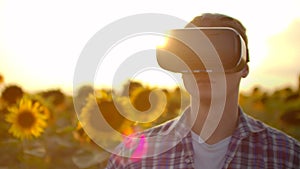 A young man inspects a field with sunflowers in virtual reality glasses in sunny day. These are modern technologies in
