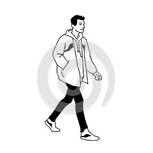 Young man in jacket, jeans and sneakers walking. Side view. Monochrome vector illustration of sprty man taking a walk in