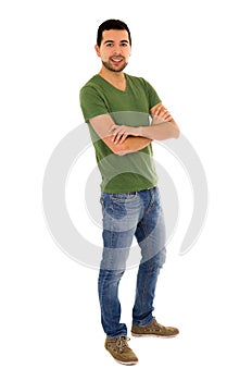 Young man jeans green t-shirt standing crossing