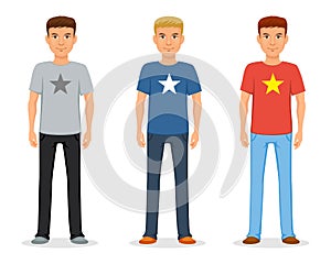 A young man in jeans and a t-shirt with a star. Casual fashion.