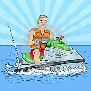 Young Man on Jet Ski. Extreme Water Sports. Pop Art illustration