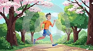 A young man jogs along a tree-lined path generated