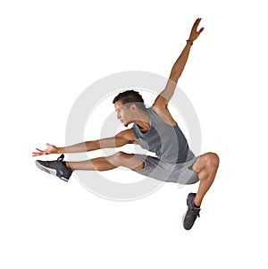 Young man jumping isolated on white