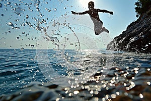 Young man jumping into water, summer relaxation activity