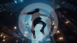 Young man jumps from the roof, Parkour or base jumping trick of an action stuntman. Generated AI.