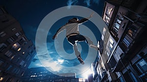 Young man jumps from the roof, Parkour or base jumping trick of an action stuntman. Generated AI.