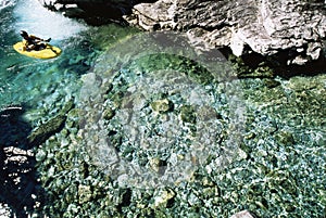Young man kayaking in river