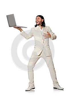 The young man with laptop isolated on white