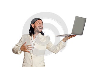 Young man with laptop isolated on white