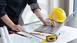 Architectural building design and construction plans with blueprints