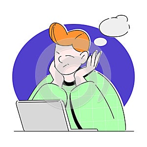 Young Man at Laptop Thinking with Empty Thought Bubble Vector Illustration