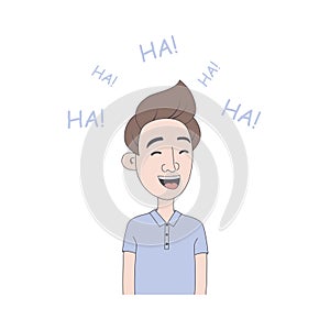 Young man laughs. Hand drawn illustration of boy with laughter emotion in cartoon style.