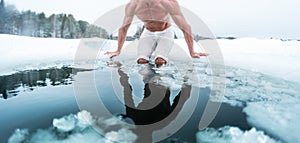 Young man with lean muscular body going to swim