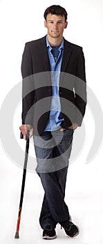 Young man leaning on cane