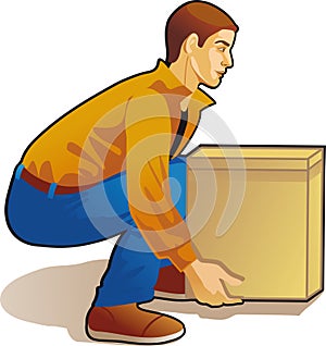 Young man lifting box, colored drawing