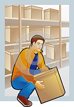 Young man lifting box, colored drawing
