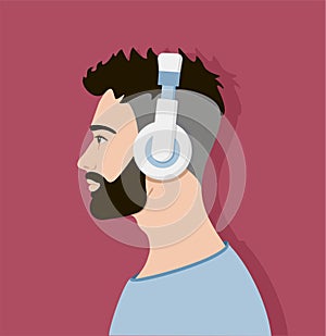 Young man listen to music on headphones. Vector of a handsome guy listening to the music with headphones. Music therapy