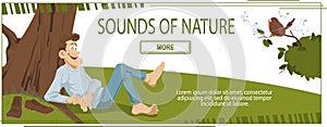 Young man listens to birdsong in park. Concept for website.Funny people