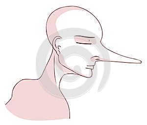 Young man with long nose, lie, body part, cartoon, isolated.