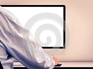 Young man looking at empty computer screen