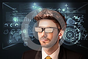 Young man looking with futuristic smart high tech glasses