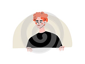 Young Man Looking Out of Semicircular Window Vector Illustration