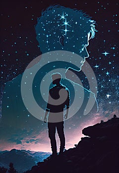 Young man looking at the stars on top of the hill. AI Generated