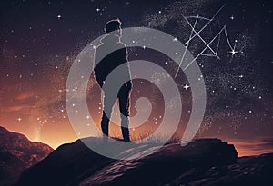 Young man looking at the stars on top of the hill. AI Generated