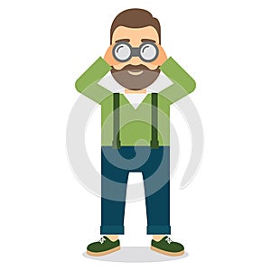 Young man looks through binoculars.