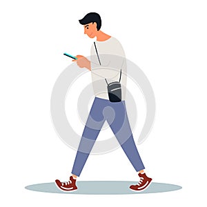 A young man looks at his smartphone on a walk. Man is scrolling news feed.Vector illustration on white background in cartoon style