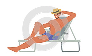 Young Man Lounging on Chaise Lounge on Sea Beach or Poolside at Summer Time Vacation. Tourist Relaxing on Seaside