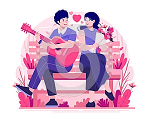 A Young Man in Love Sitting on a Park Bench Is Playing Guitar for His Girlfriend. Happy Romantic Couple in Relationship Celebrate