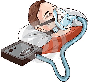 Young Man Lying On Bed With Sleeping Apnea And CPAP