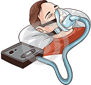 Young Man Lying On Bed With Sleeping Apnea And CPAP photo