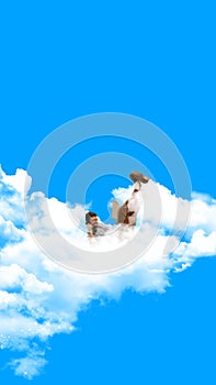 Young man lying on clouds, smoking, talking on phone and reading novel. Contemporary art collage.