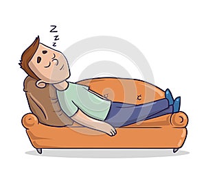 Young man lying on a sandy-colored couch takes a nap. Guy sleeping on a sofa. Cartoon character vector illustration