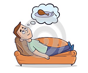 Young man lying on a sandy-colored couch thinks about the food. Hungry guy dreams about piece of chicken. Cartoon photo