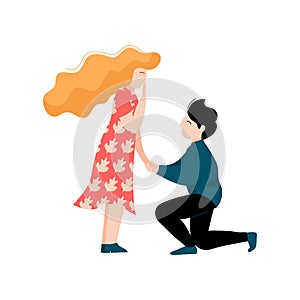 Young Man Making Proposal to His Beloved, Romantic Couple, Happy Lovers on Date Vector Illustration