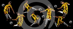 Young man, male soccer football player in motion, training isolated over black background. Collage