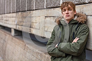 Young Man Male Teenager Boy Wearing Green Parka