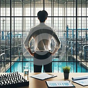 Young man manager stands up at office looking industrial plant.
