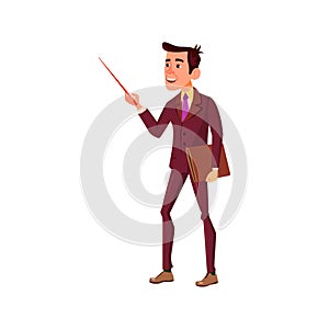 young man math teacher pointing at blackboard with stick and showing theorem cartoon vector