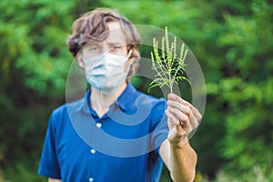 Young man in a medical mask because of an allergy to ragweed